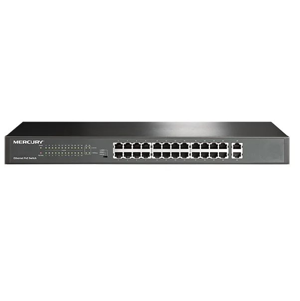 

Max. PoE 214Watt, 26 ports PoE Switch supplys power to IP Camera / WiFi AP, with 24 ports PoE & 2* RJ-45 Gigabit port, Plug&Play