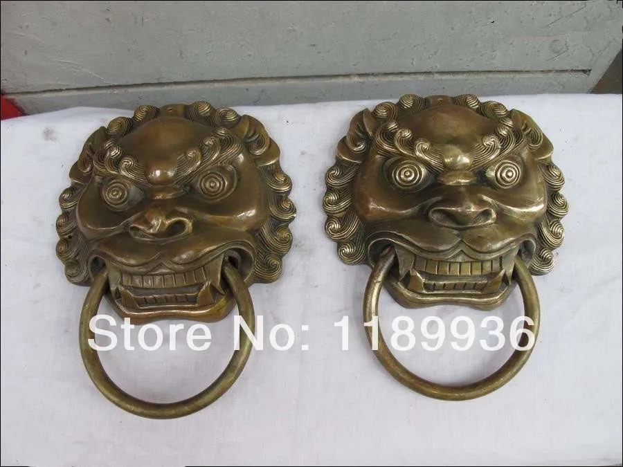 china Copper Carved Foo Dog Lion Head Palace Guardian Door Knocker statue Pair