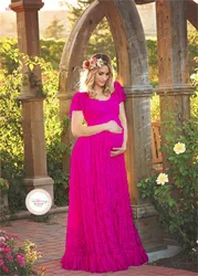 Vestido de maternidad de encaje para mujer embarazada, ropa elegante de talla grande, cuello redondo, manga larga, M-2XL