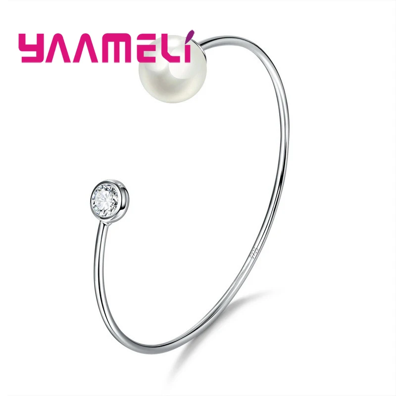 Precious Fashion Bangle Bracelet With Freshwater Pearl Decoration Clear Crystal 925 Sterling Silver Color Jewelry For Woman