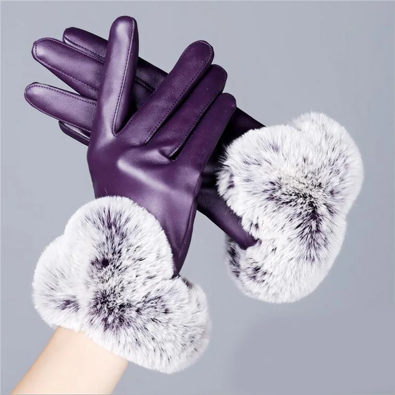 Guantes de piel sintética con bola de pelo de conejo para mujer, manoplas cálidas de Cachemira de dedo completo, a la moda, G138-1 pantalla táctil, Invierno