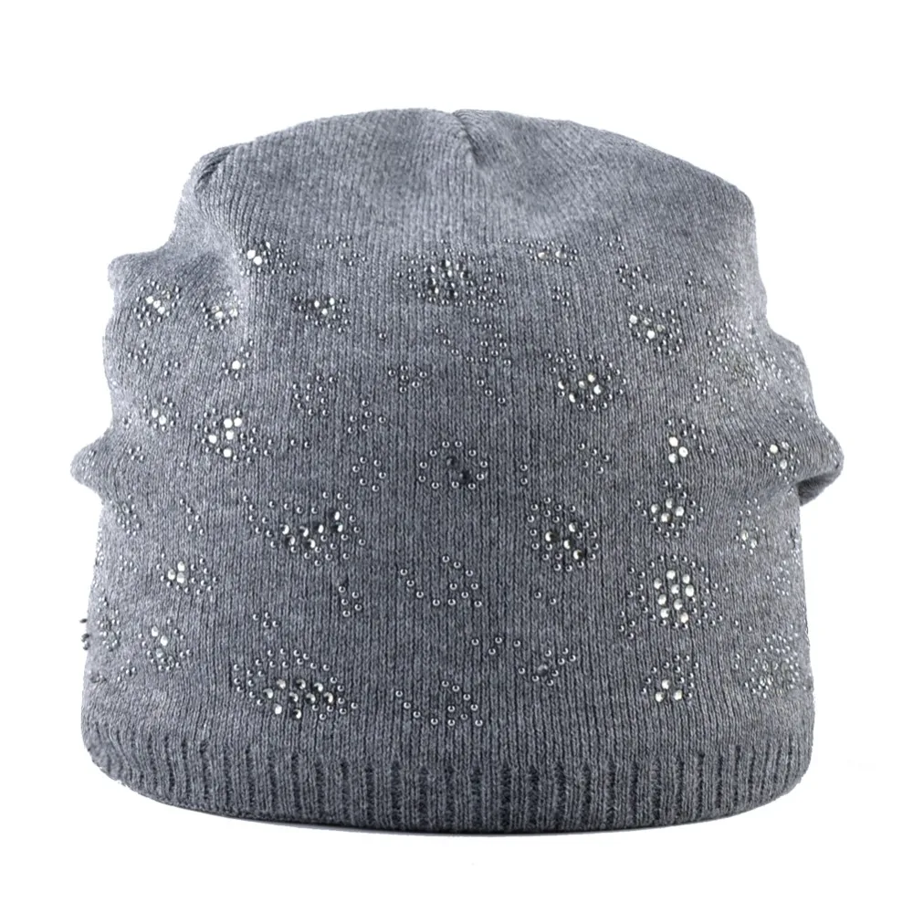 Women\'s Winter Hats Ladies New Fashion Rhinestone Knitted Beanies Women Solid Skullies Bonnet Female Double Layer Warm Knit Caps