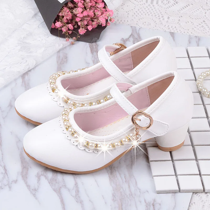 Zapatos de tacón alto de princesa para niña, calzado de fiesta de cuero blanco con cuentas, color rosa, Mary Jane