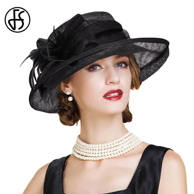 FS Black White Ladies Church Hats Women Elegant Sinamay Fascinators Hat Wedding Linen Fedora Wide Brim Floral Kentucky Derby Hat