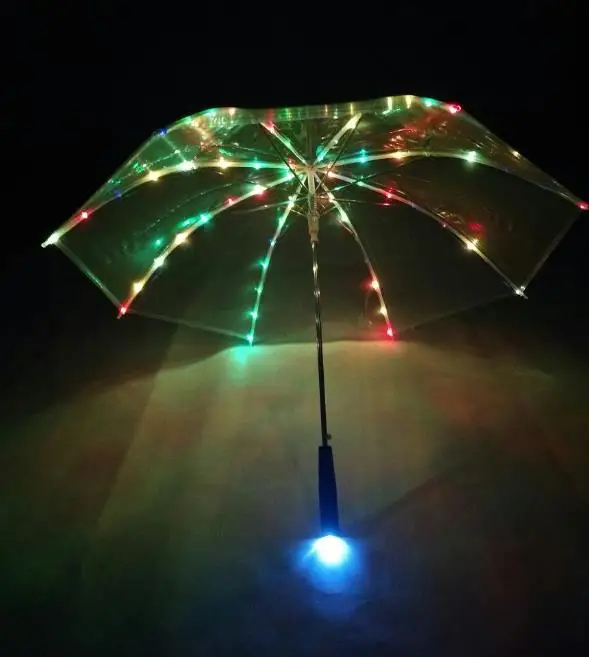 

10pcs/lot Fast shipping Rainbow color Umbrella LED Luminous Transparent Umbrella With Flashlight Flash light Torch 23 InchSN1004