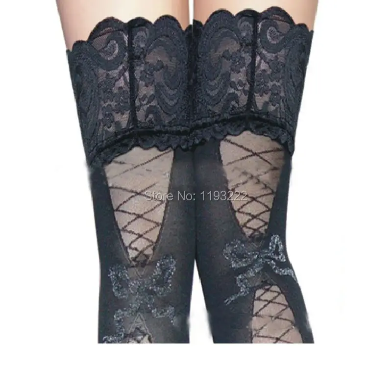 Punk Gothic Wedding Cosplay Wide Lace Silicone Hold UP Floral Top Thigh high Back Sheer Bandage Bow Long Stockings