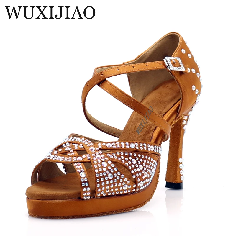 WUXIJIAO New Women Waterproof platform Satin Latin Dance Shoes Rhinestone Salsa Ballroom Dance Shoes Colors bronze