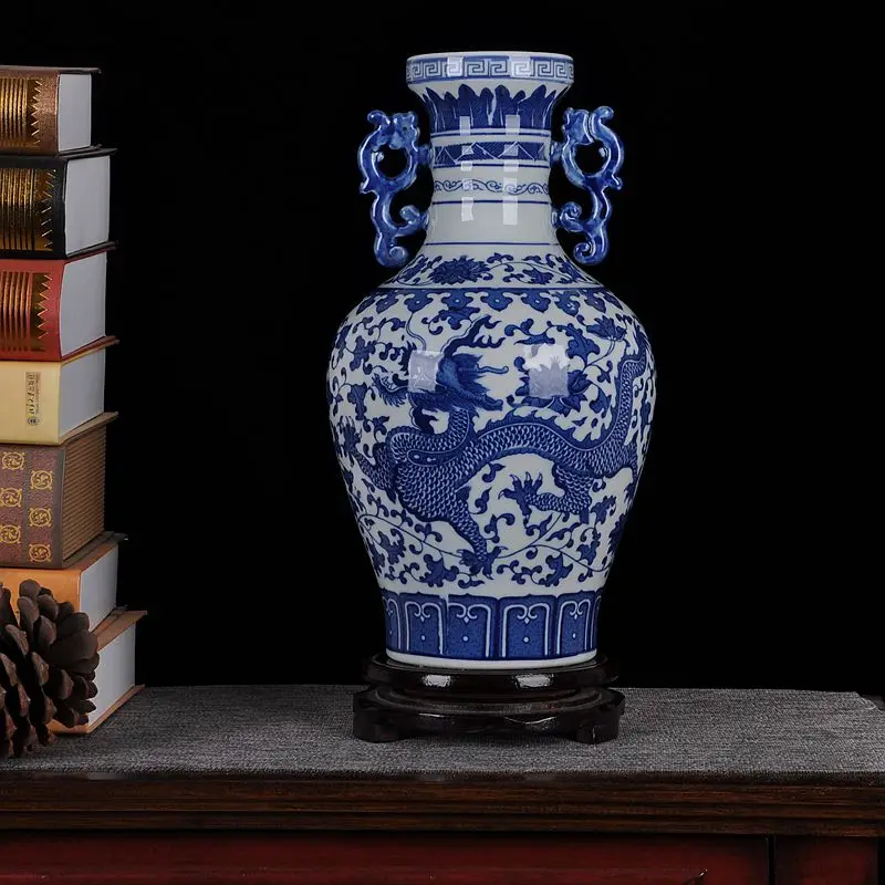 Jingdezhen ceramics ceramic blue and white dragon vase ornaments binaural living room decoration industrial equipment