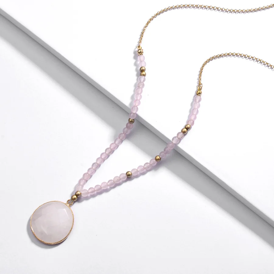 HUIDANG Long Chain Natural Amazonite White Marble Grey Round Framed Stone Pendants Necklaces for Women