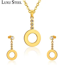 LUXUSTEEL Stainless Steel Jewelry Sets Hollow Out Round Pendant Necklace 2022 Accessories Steel/Golden Color Dangle Earrings