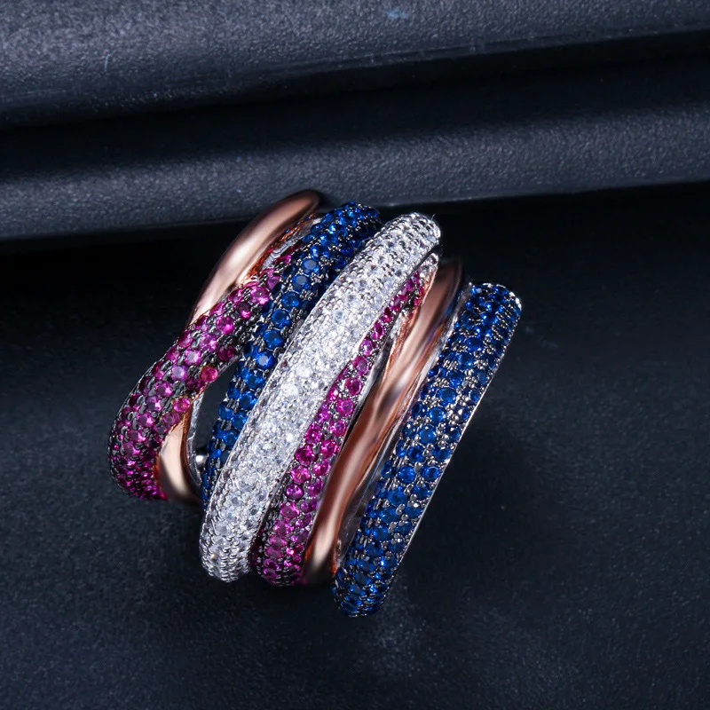 Pera Luxury Royal Engagement Prom Party Big Statement Rose Red Blue Cubic Zirconia Round Finger Rings for Women Jewelry R085