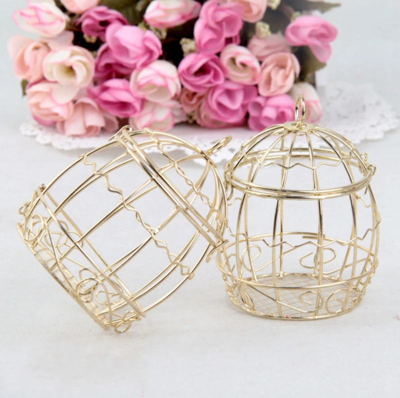 50pcs Birdcage Shaped Candy Boxes Party Gift Boxes with Bowknots Wedding Favor Boxes Iron Gold European Candy Package