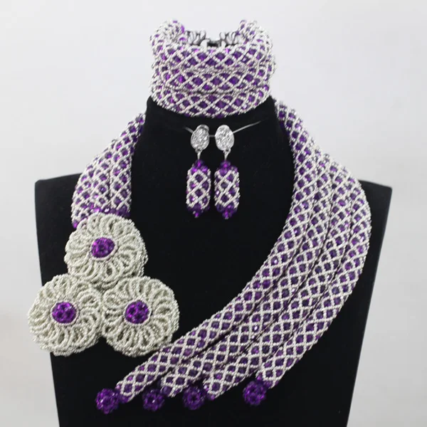 

African Wedding Bridal Unique Silver/Purple Crystal jewelry Sets Nigerian Women Beads Necklace Jewelry Set Free Shipping ABH239