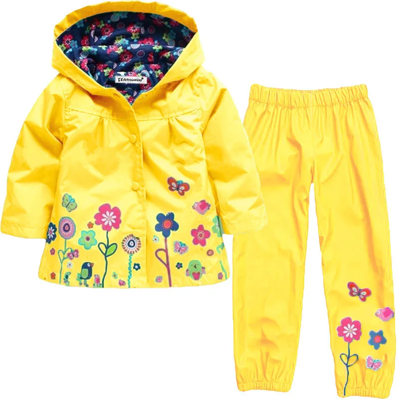 Spring Girls Clothing Set Flower Pattern Girls Clothes Waterproof Raincoat Hooded Coat + Pant 2Pcs Casual Suit Children Clothing