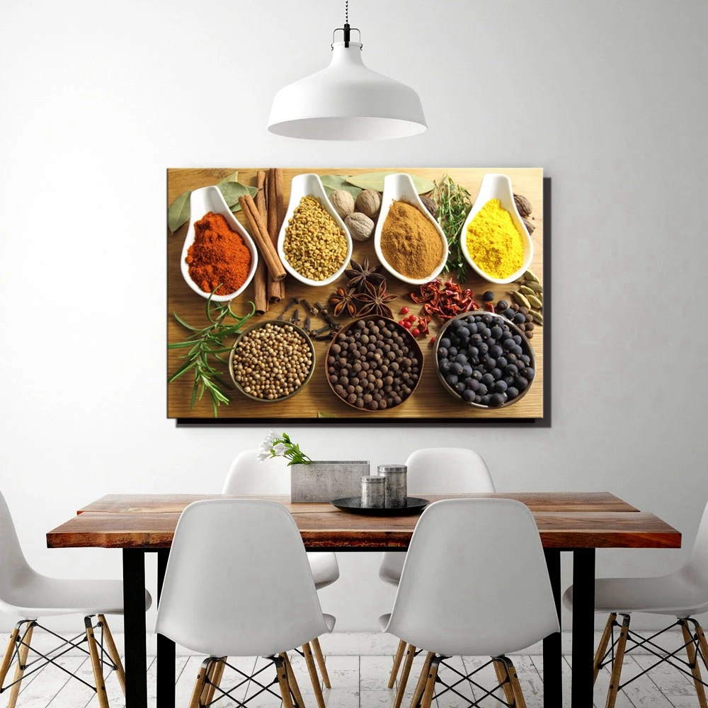 

Colorful Spice In Spoon Gather Together In Table Granulate Slice Pices Canvas Painting Print Food Picture Home Decor Drop Ship