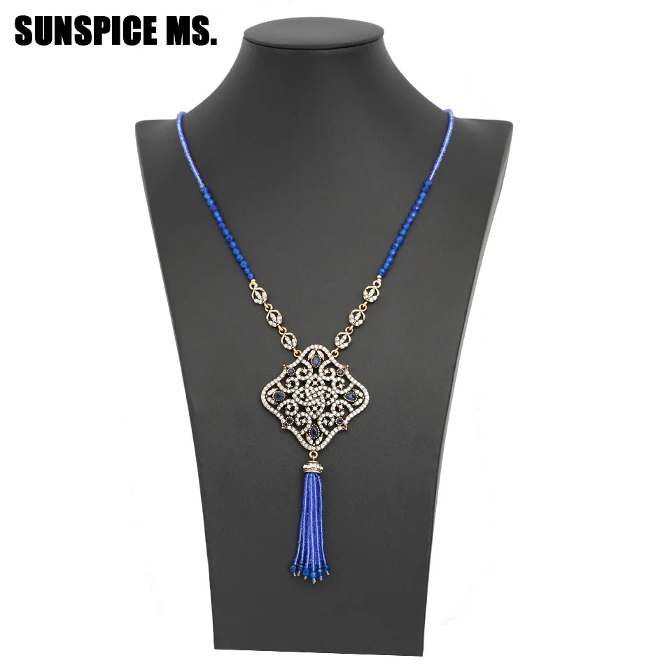 New Turkish Women Long Beads Sweater Chain Vintage Bohemia Crystal Pendant Necklace India Ethnic Wedding Bridal Jewelry 2018