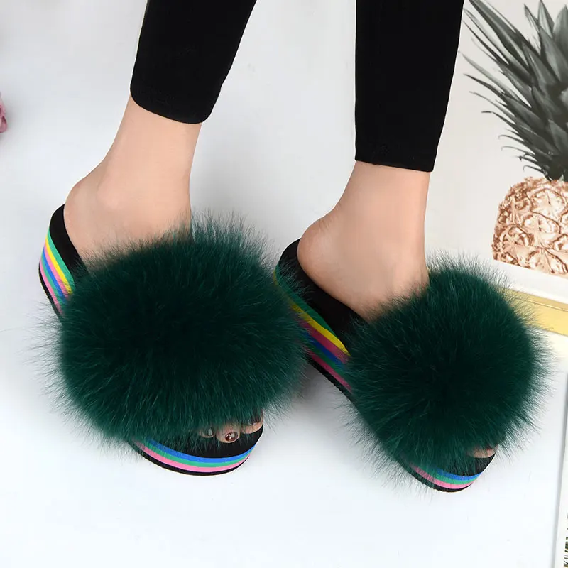 New Fox Fur Slippers 2021 Women\'s Fur House Furry Slippers Plush Summer Rainbow Colored Heels Sweet Sandals