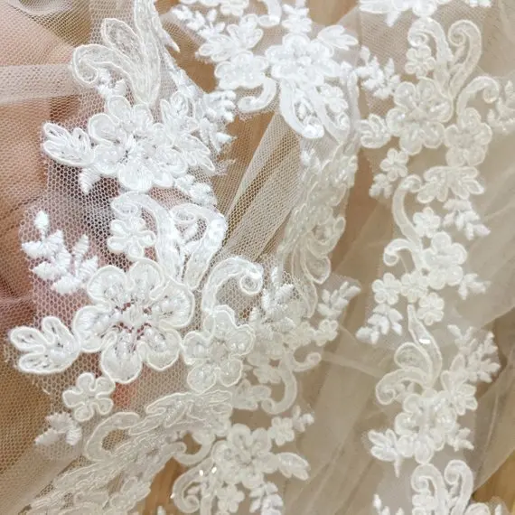 5 Yards Thin Pearl Beaded Lace Trim in Ivory , Bridal Veil Straps for Wedding Sash, Headband Jewelry Costume Design