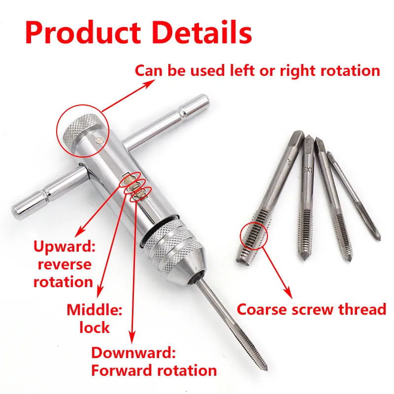 1pcs Adjustable T Handle Wrench Ratchet Spanner + 5pcs M3-M8 Screw Taps Thread Metric Plugs Machinist Hand Tools Tap & Die Set