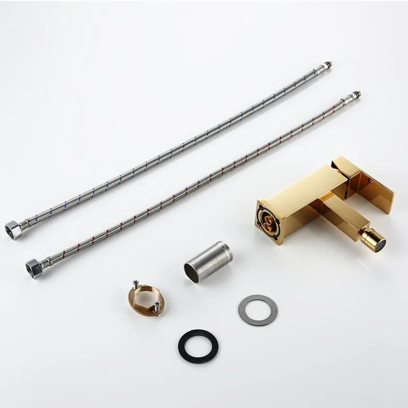 Imagem -06 - Smesiteli Torneira de Banheiro de Latão Sólido Estilo Quadrado Acabamento Dourado. Torneira Única com Misturador de Água para Bidê Torneiras de Montagem