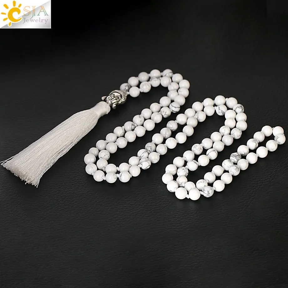 CSJA Tassel Necklace White Howlite Long Knotted Tribal Handmade Necklaces for Women Buddha Prayer 6mm Mala 108 Bead Jewelry F307