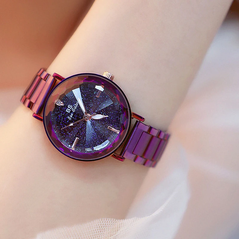 Starry sky – montre à Quartz pour femmes, cadran en cristal, acier inoxydable, étanche, échelle romaine, Surface multi-coupe, miroir