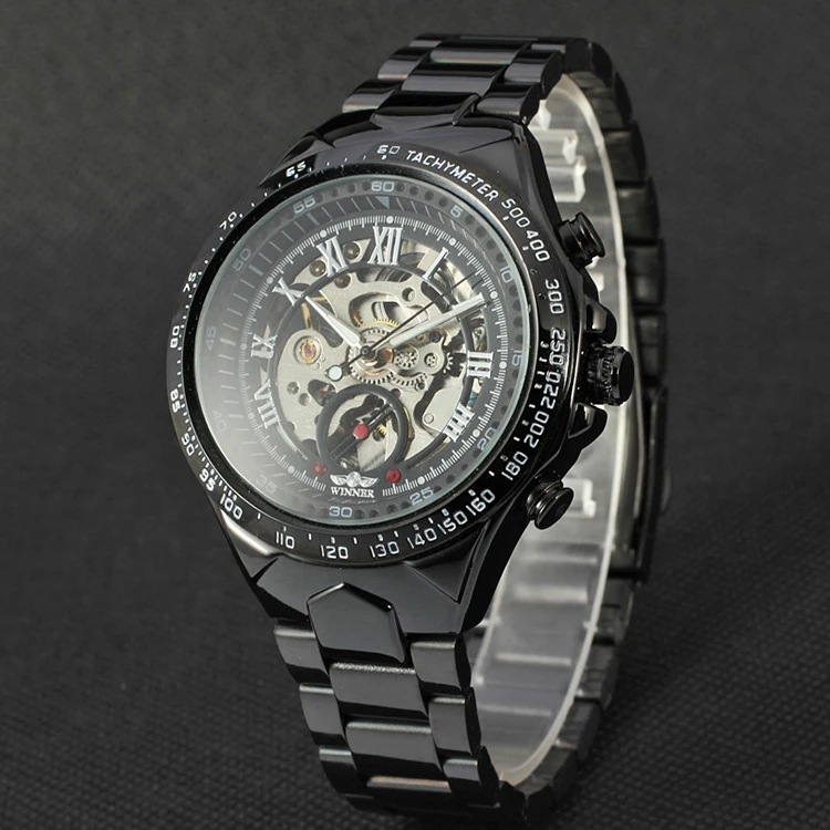 T-WINNER Hot Sell Business  Metal Dress Black Bezel Hollow Rome Dial Mechanical Watch Full Steel Band Auto Self Wind