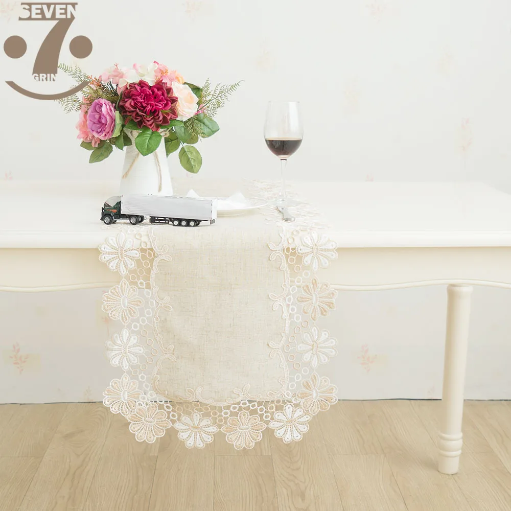 Home Decorative Dining Banquet Birthday Festival Vintage Style Burap Rustic Linen Table Runner With Embroidered Lace Border