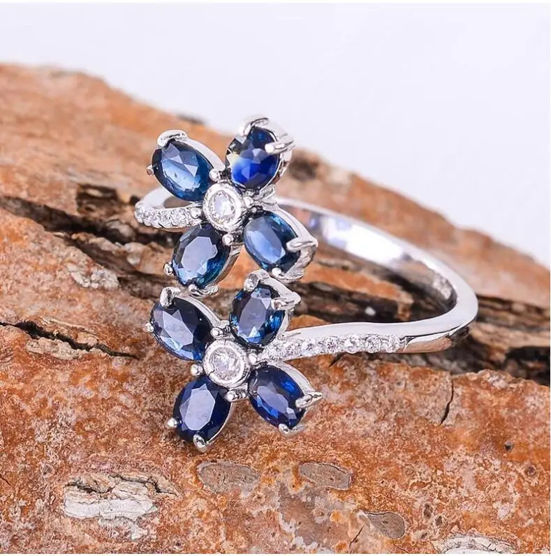 flower Type  Natural real blue sapphire ring  925 sterling silver Fine handworked jewelry Finger rings  Gem Size 3*4mm 8pcs