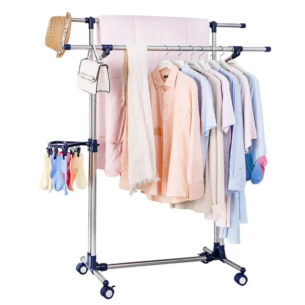 3 Colors Garment rack drying racks balcony adjustable double pole floor drying home living room bedroom hangers DQ-F1-1/1S/1T