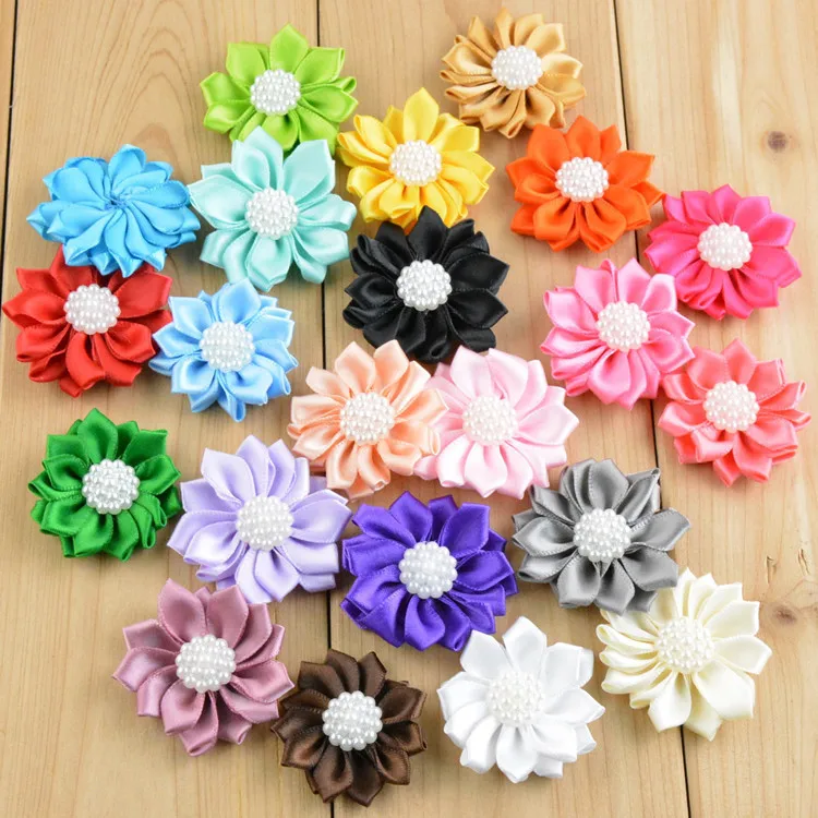 100 pcs/lot free shipping, 1.5 inch Satin Ribbon Flowers with pearl