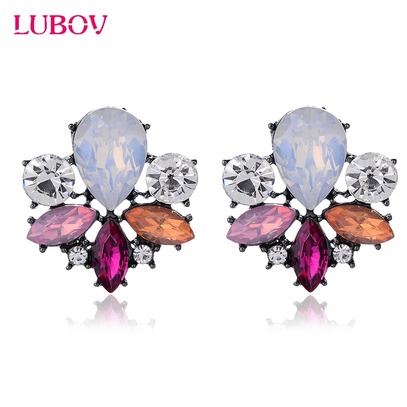 LUBOV Pretty Colorful Crystal Stone Stud Earrings Big Rhinestone Inlaid Women Piercing Earrings Christmas Gift Party Jewelry