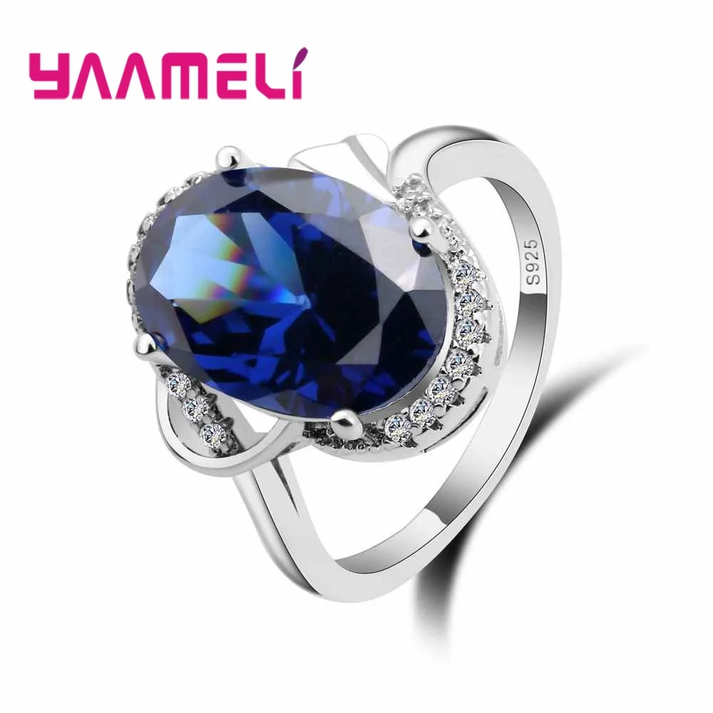 925 Sterling Silver Promise Wedding Ring for Women Ladies Top Quality Blue Oval Crystal Cubic Zirconia Wholesale Price