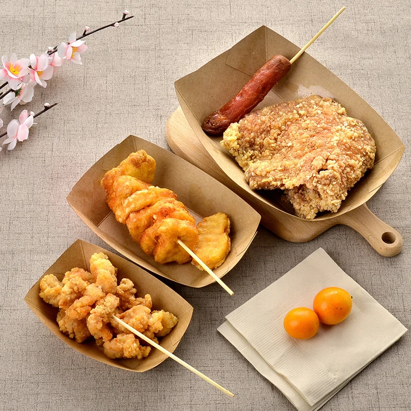 Food Grade Kraft Paper Box, Disposable, Waterproof, Anti-Oil, Fried Chicken, French Fries, Food Tray, Take Out Box, 50Pcs