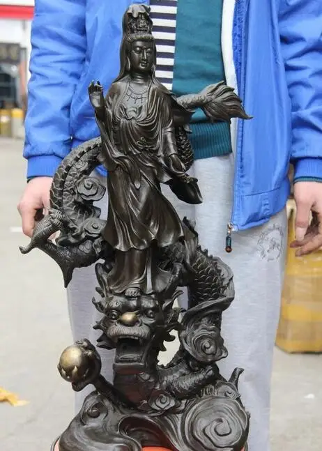 

Fane Copper Bronze Standing Dragon Guan Yin Kwan-yin Boddhisattva Buddha Statue