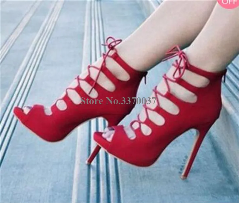 Linamong موضة جميلة اللمحة تو جلد الغزال كعب ستيليتو المصارع مضخات الوردي البيج الأحمر الدانتيل متابعة الأشرطة عبر الكعب العالي