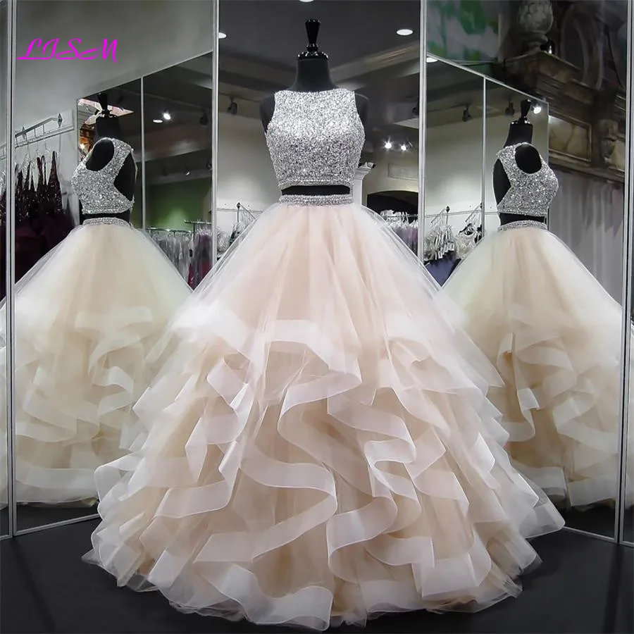 Luxury Crystals Two Pieces Ball Gown Quinceanera Dresses O-Neck Beaded Open Back Pageant Gown Long Tiered Organza Sweet 16 Dress