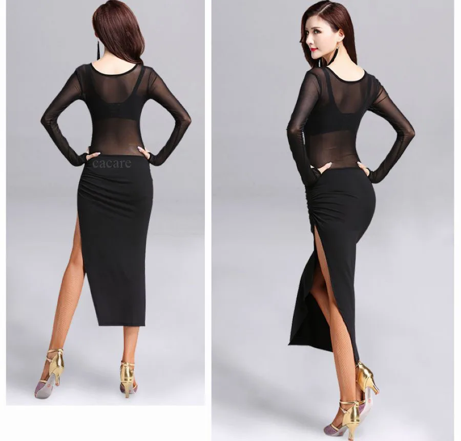 CACARE Latina Latin Dance Dress Women Salsa Dress Tango SALE Black D0375 with Underwear Split Hem Sexy Mesh Top Long Sleeve