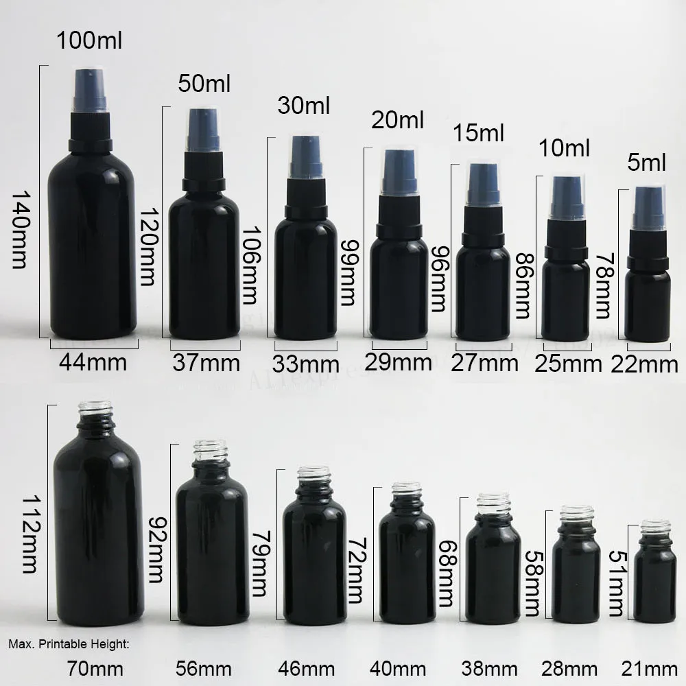 200 x Refillable Travel 100ml 50ml 30ml 20ml 15ml 10ml 5ml Paint Black Glass Lotion Pump Bottles Cream Shampoo Containers