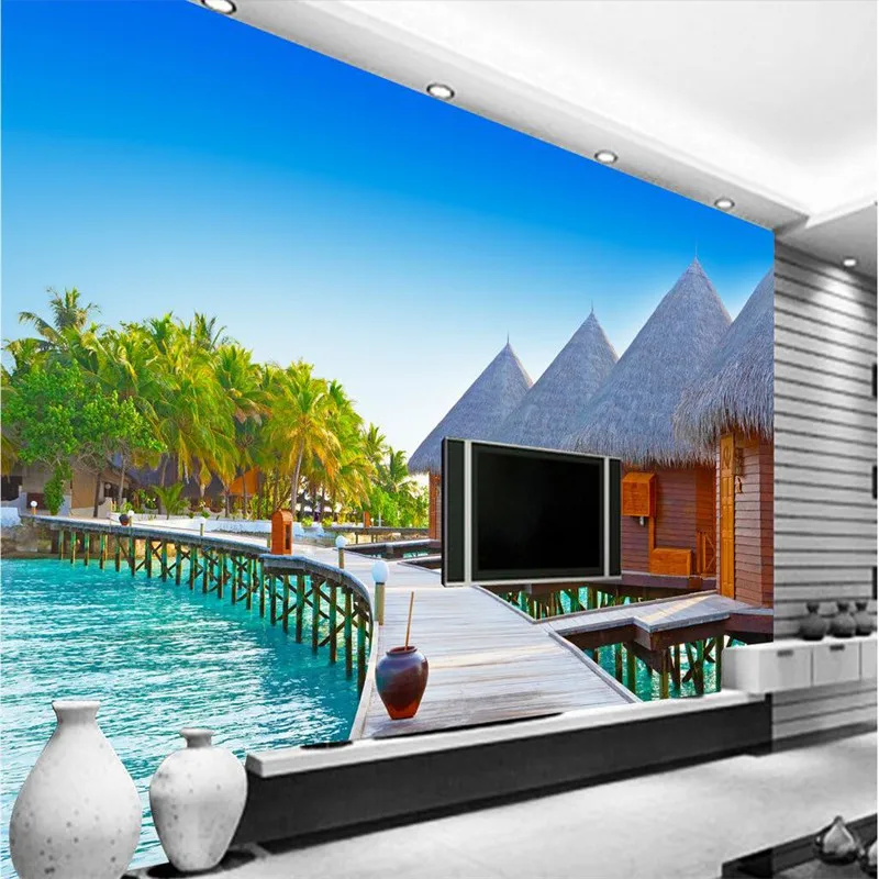 wallpaper 3d mural decor photo backdrop photography 3D stereo Wooden beach huts living room hotel coffee wall painting