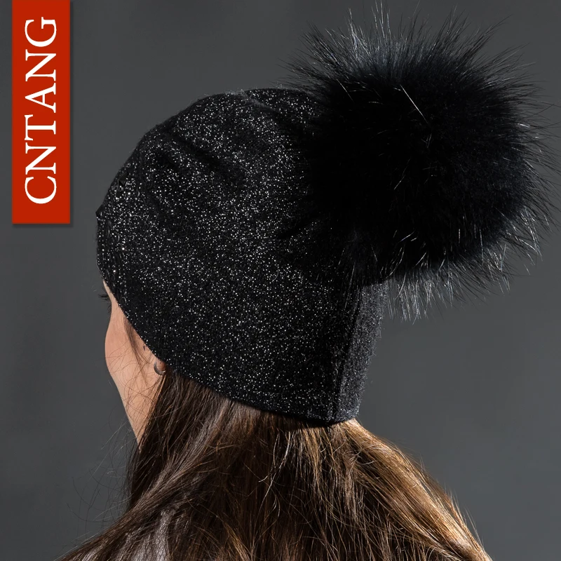 CNTANG Wool Knitted Silver Thread Hats Round Rivet Warm Hat For Women Autumn Winter Fashion Caps With Fur Pompom Ladies Beanies