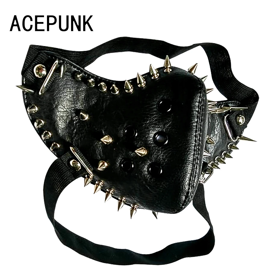 New Black PU Leather Fashion Half Face Punk Cosplay Anti-Dust Rivet Mask Cosplay Anti-Dust Steampunk Motorcycle Biker Masks