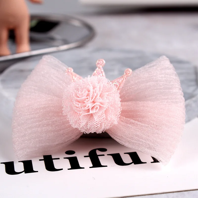 20pcs Fashion Korean Cute Glitter Crown Gauze Hair Bow Hairpins Solid Kawaii Pom Pom Bowknot Hair Clips Headwear Accessories