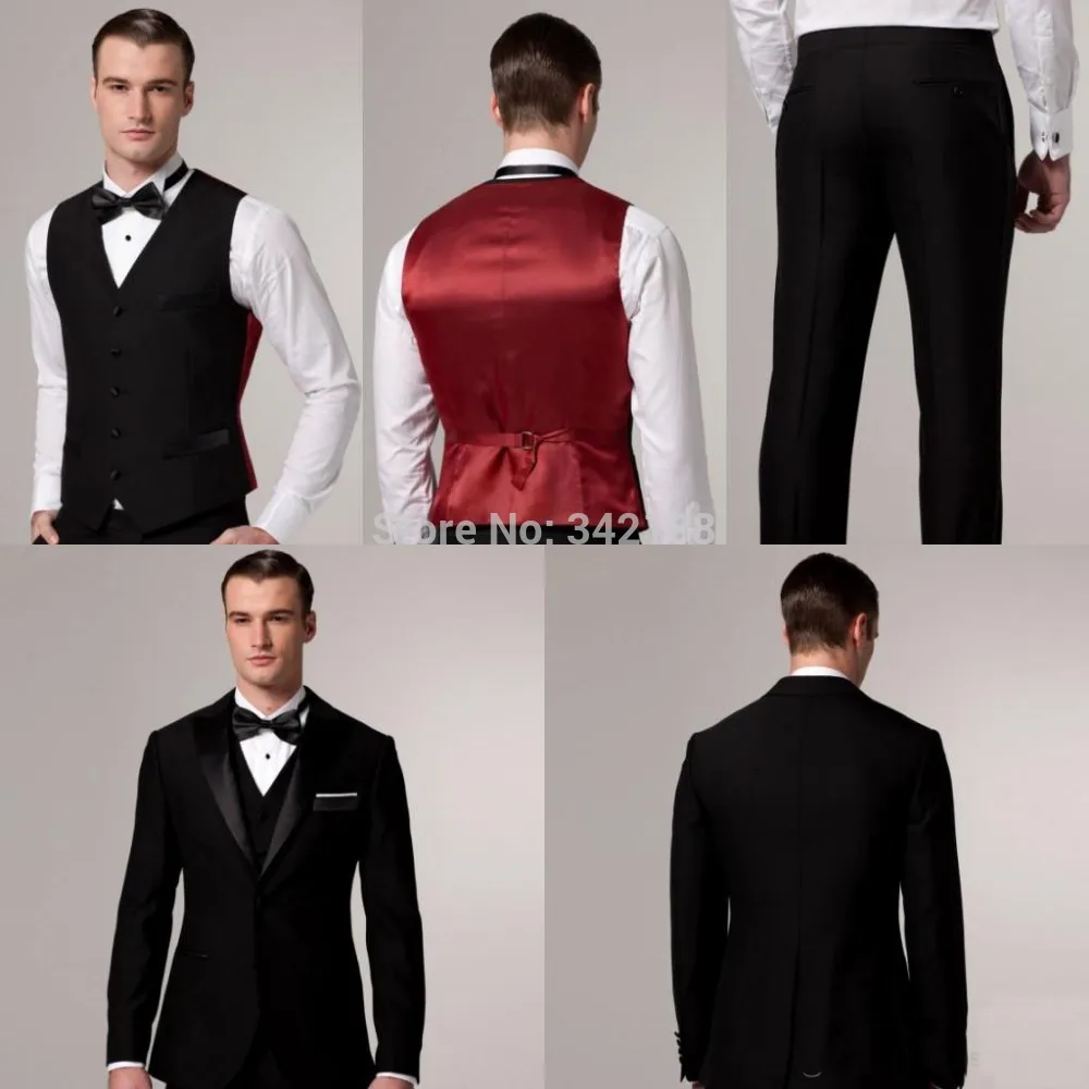 

New Two Buttons Groom Tuxedos Black Best man Notch Satin Lapel Groomsman Men Wedding Suits/Bridegroom (Jacket+Pants+Tie+Vest)wed