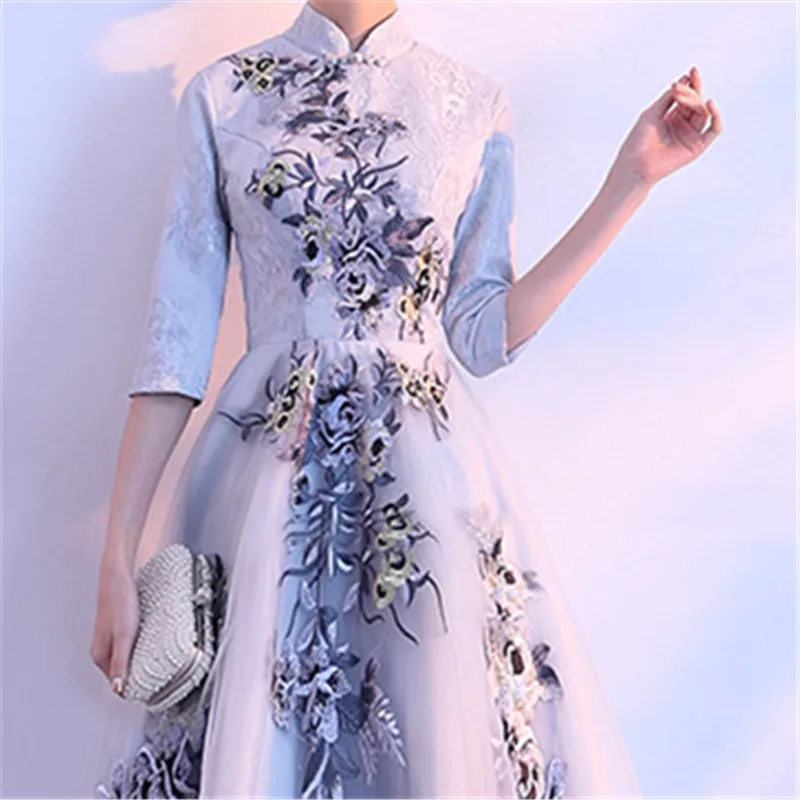 It\'s YiiYa Vintage High Collar Half Sleeves Embroide Lace Up Formal Cocktail Dresses Tea-Length Party Full Dress MX025