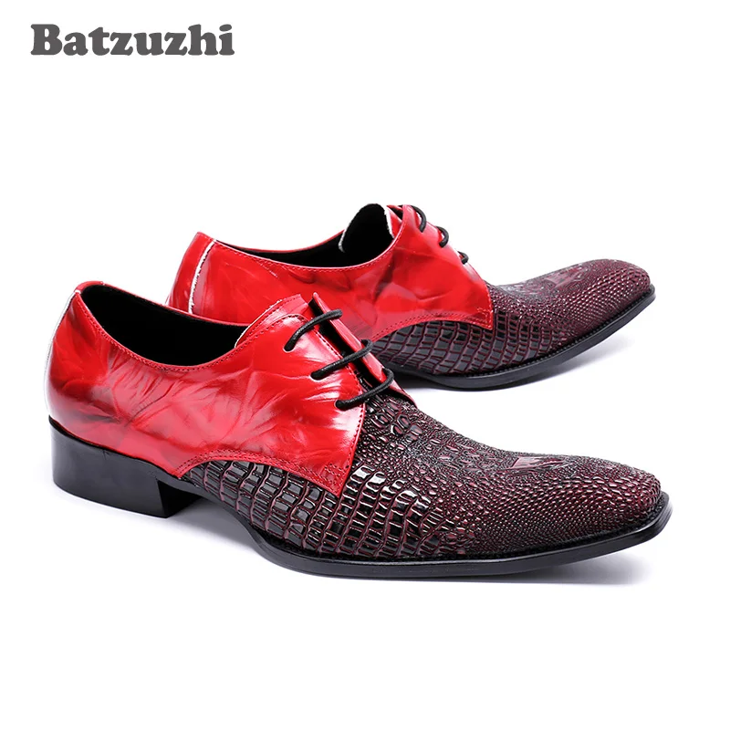 Zapatos de hombre de estilo italiano de lujo, zapatos de vestir pequeños con punta cuadrada para hombre, zapatos de cuero genuino con cordones, zapatos de boda rojos para hombre, Oxfords, US12