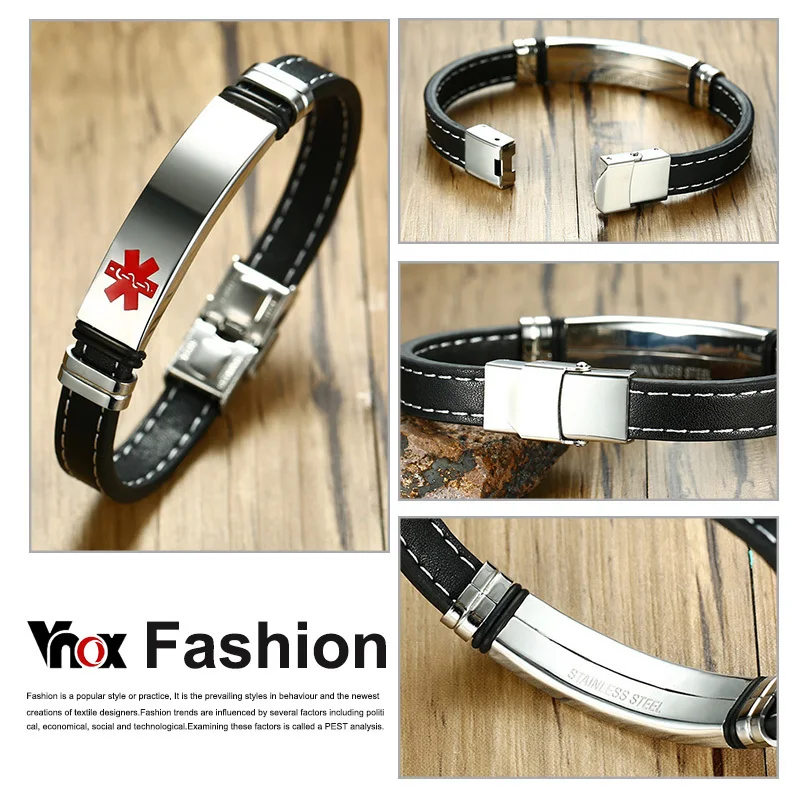 Vnox Personlized Medical Alert ID Bracelet for Men Stainless Steel Identification Tag Genuine Leather Emergency Male Jewelry