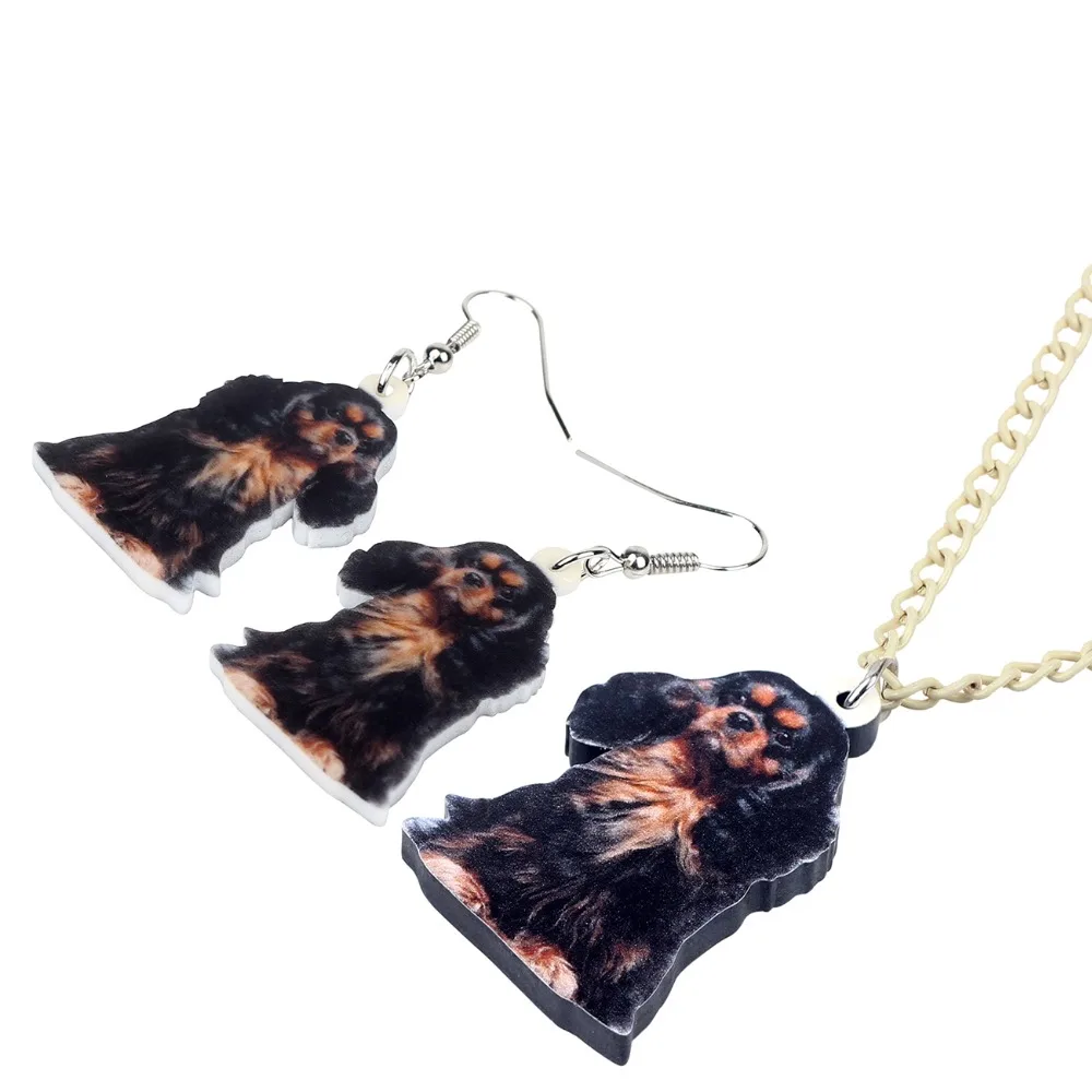 Bonsny Acrylic Jewelry Sets Cute Cavalier King Charles Spaniel Dog Necklace Earrings Fashion Pendant For Women Girls Decoration