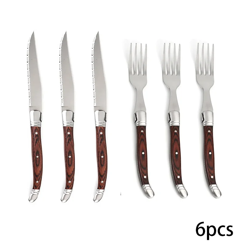 

6pcs 9'' Stainless steel Western Cutlery set Laguiole Style Steak Knives Wood Handle Dinner Forks Japanese Table Knife Forks