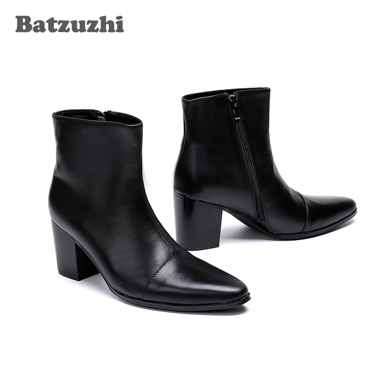 Batzuzhi Botas para Hombre, Botas de tacón alto de 7CM de cuero genuino, Botas de caballero negras hasta el tobillo para Hombre, Botas bonitas para